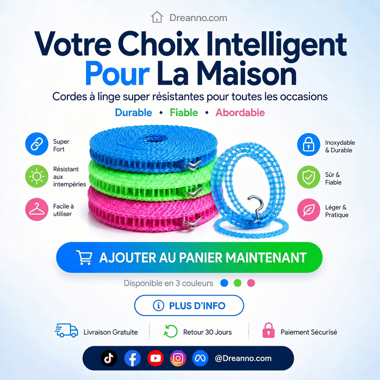 📢📢 ACHETEZ 1, OFFERT 1 !! ⏰🌬️ Corde à Linge Coupe-Vent & Antidérapante – Séchage Rapide, Accroche Sécurisée & Installation Facile ☀️
