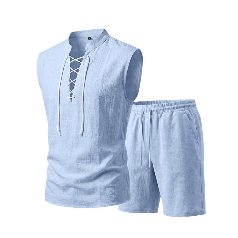 👕☀️ PROMO FLASH 50% ! Ensemble Homme en Lin – Haut sans Manches Lacé & Short, Tissu Respirant Naturel, 7 Couleurs, Style Bohème Chic & Vacances ✨