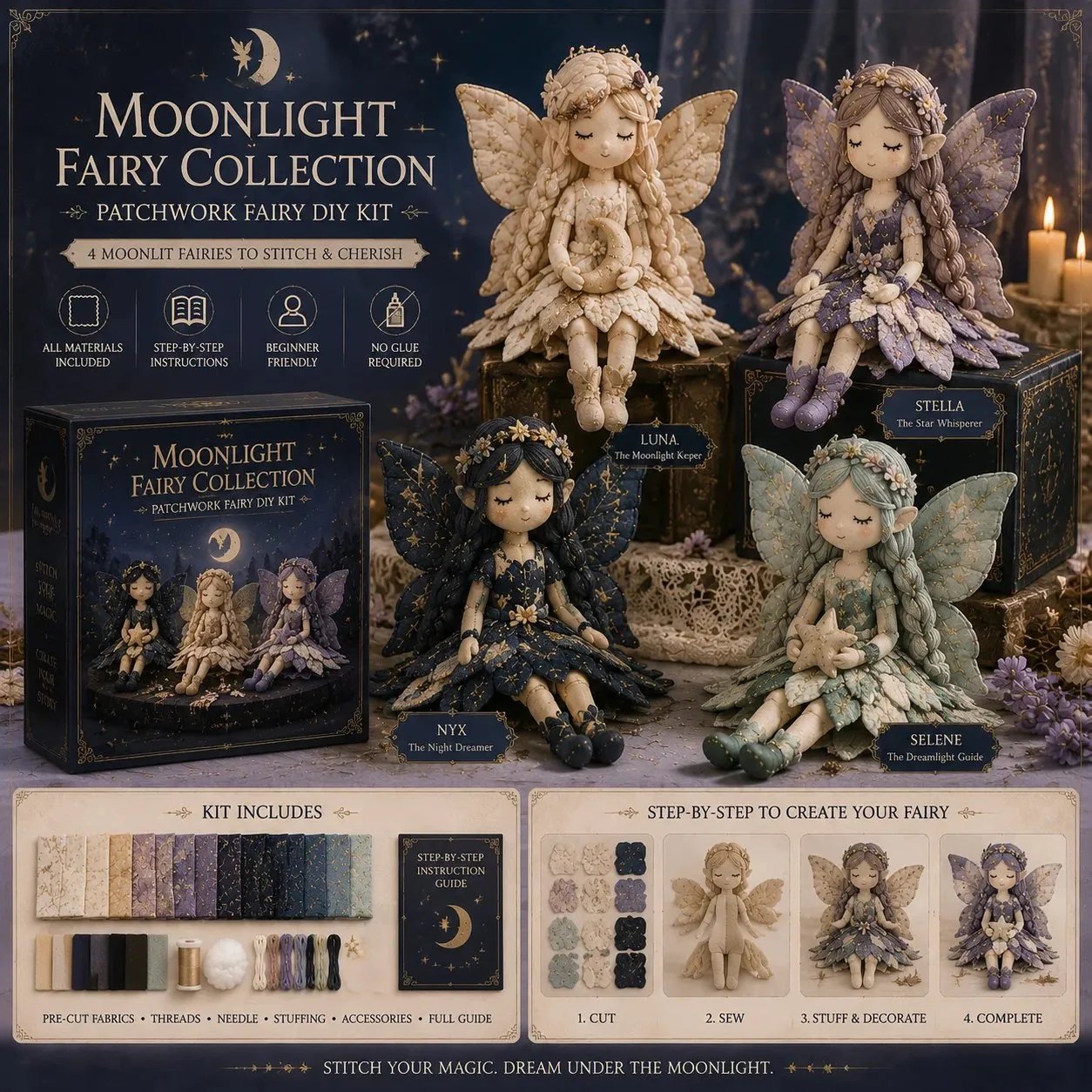 🧚‍♀️ 50% DE RÉDUCTION – Kit DIY de patchwork féerique – 4 fées uniques – adapté aux débutants – cadeau parfait – Achetez 2, livraison gratuite