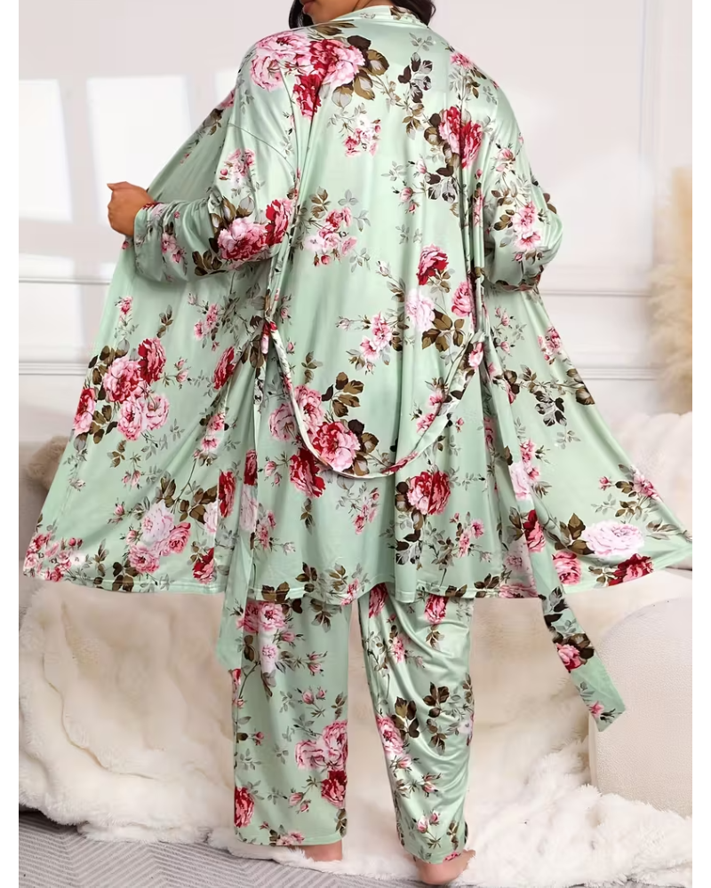 Ensemble pyjama confortable 3 pièces – peignoir, caraco et pantalon long💕