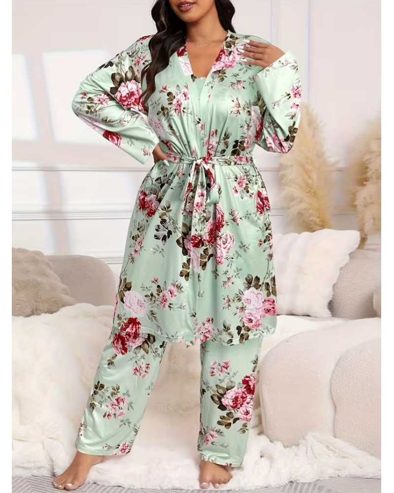 Ensemble pyjama confortable 3 pièces – peignoir, caraco et pantalon long💕