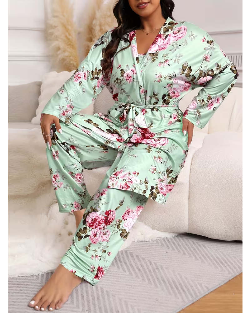Ensemble pyjama confortable 3 pièces – peignoir, caraco et pantalon long💕