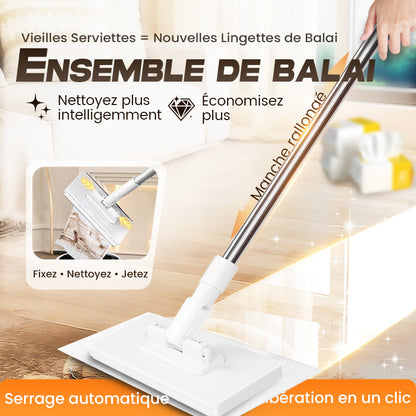🔥 50% DE RÉDUCTION 🧹 Serpillère Réutilisable – Pince Biomimétique Auto-Serrante, Manche Télescopique 100 cm, Rotation 360° & Écologique (Multi-Surfaces) !