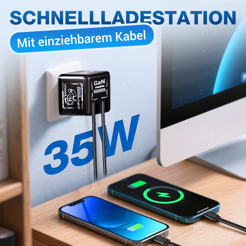 Station de recharge rapide USB-C avec câble rétractable – Utilisation universelleStation de recharge rapide USB-C avec câble rétractable – Utilisation universelle