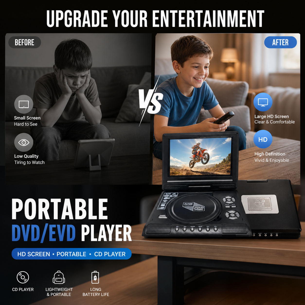 📺 Lecteur DVD/EVD portable HD 7,8" – Grand écran, rechargeable et compatible DVD/CD/USB/SD – Idéal pour la maison et les voyages 🔥 50 % de réduction
