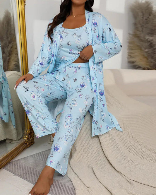 Ensemble pyjama confortable 3 pièces – peignoir, caraco et pantalon long💕
