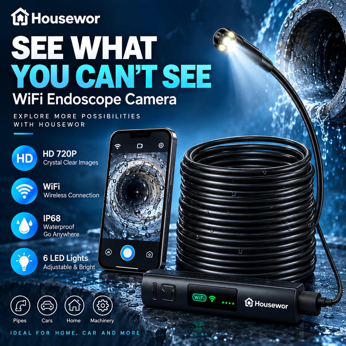 🔎 Caméra endoscopique « plug-and-play » – compatible avec Android, iPhone et iPad pour une connexion directe