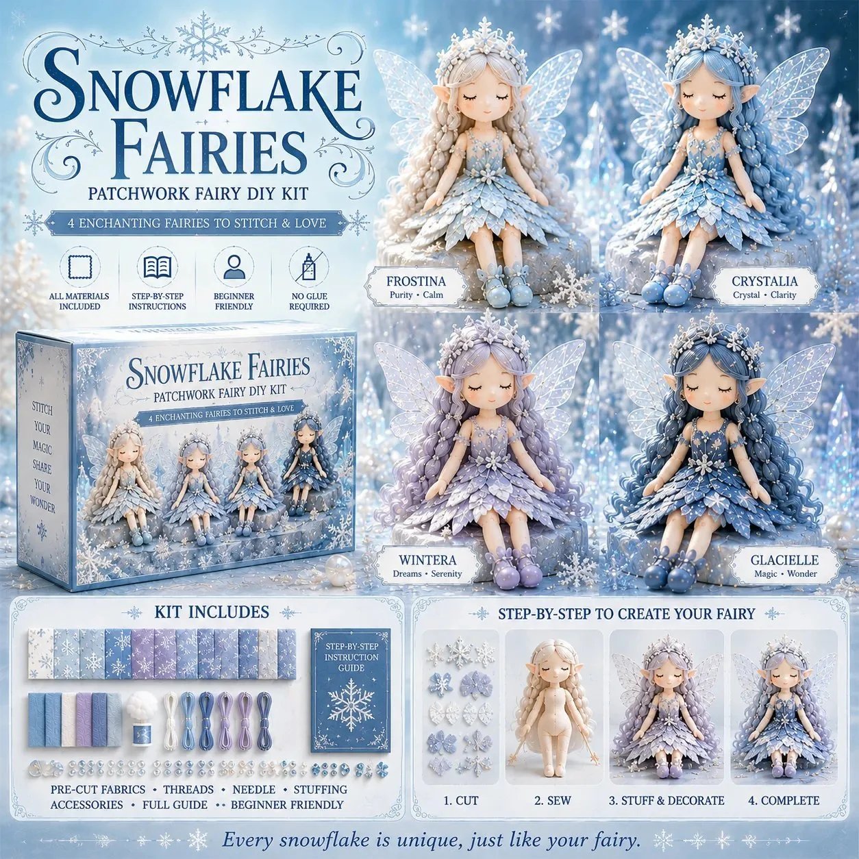 🧚‍♀️ 50% DE RÉDUCTION – Kit DIY de patchwork féerique – 4 fées uniques – adapté aux débutants – cadeau parfait – Achetez 2, livraison gratuite