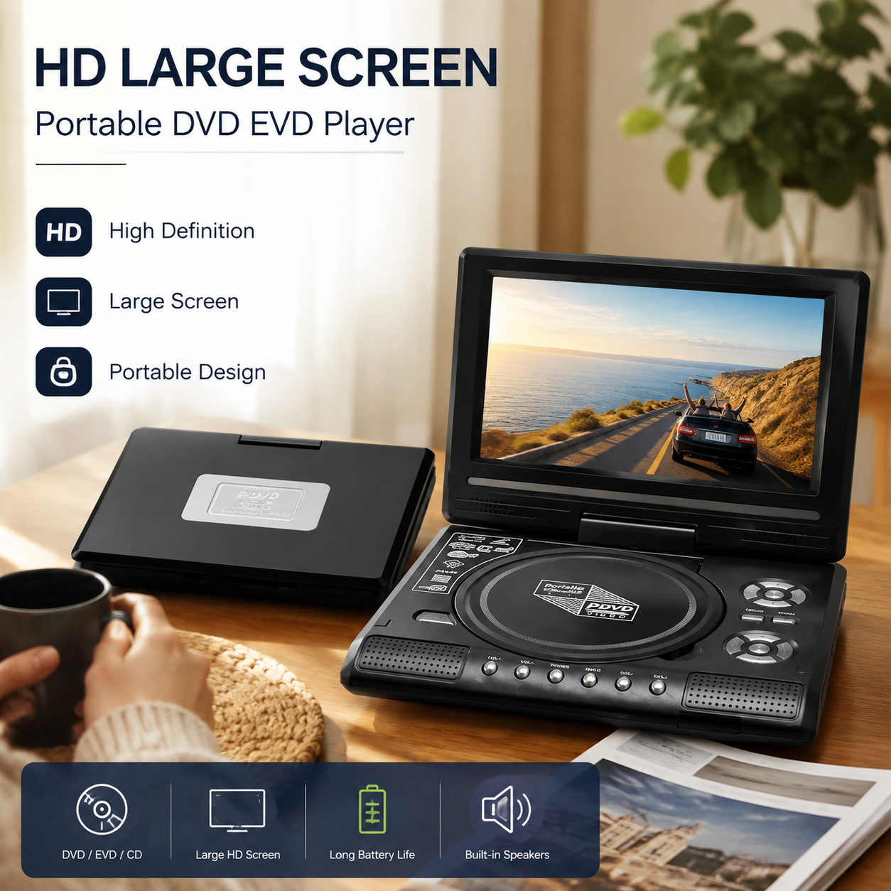 📺 Lecteur DVD/EVD portable HD 7,8" – Grand écran, rechargeable et compatible DVD/CD/USB/SD – Idéal pour la maison et les voyages 🔥 50 % de réduction