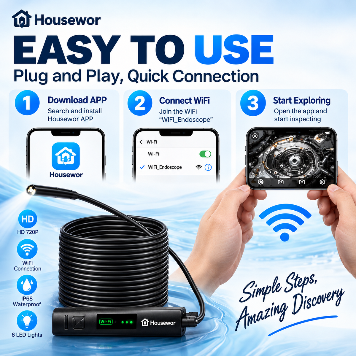 🔎 Caméra endoscopique « plug-and-play » – compatible avec Android, iPhone et iPad pour une connexion directe