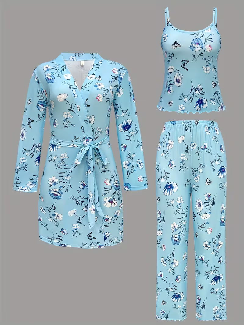 Ensemble pyjama confortable 3 pièces – peignoir, caraco et pantalon long💕