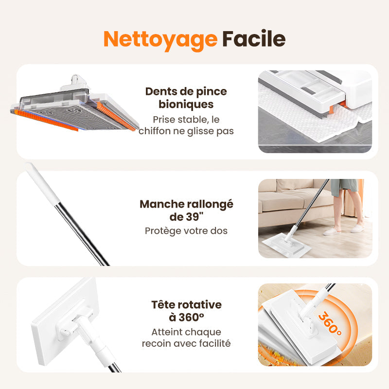 🔥 50% DE RÉDUCTION 🧹 Serpillère Réutilisable – Pince Biomimétique Auto-Serrante, Manche Télescopique 100 cm, Rotation 360° & Écologique (Multi-Surfaces) !