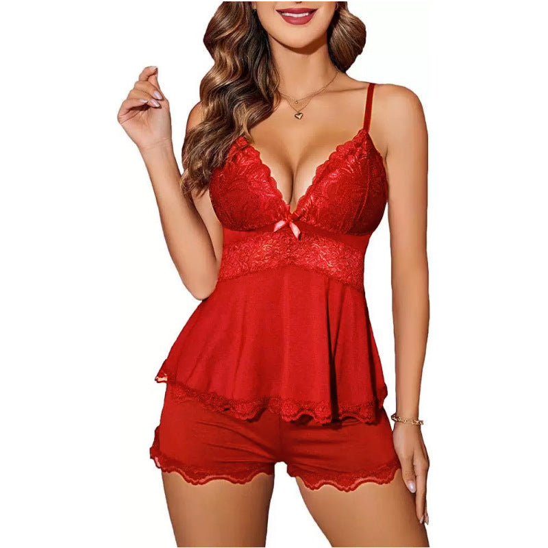 📢🌸👚Offre spéciale d'une durée limitée 68% de réduction💕 Ensemble de vêtements de nuit caraco et short à col en V avec bordure en dentelle