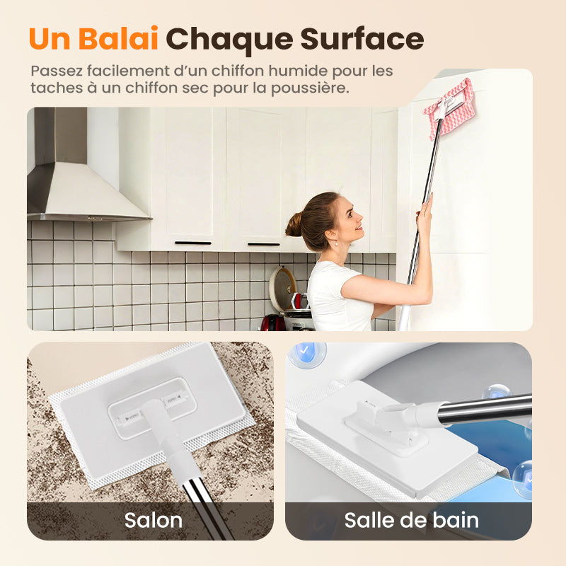 🔥 50% DE RÉDUCTION 🧹 Serpillère Réutilisable – Pince Biomimétique Auto-Serrante, Manche Télescopique 100 cm, Rotation 360° & Écologique (Multi-Surfaces) !