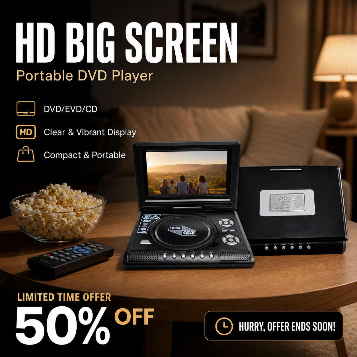 📺 Lecteur DVD/EVD portable HD 7,8" – Grand écran, rechargeable et compatible DVD/CD/USB/SD – Idéal pour la maison et les voyages 🔥 50 % de réduction