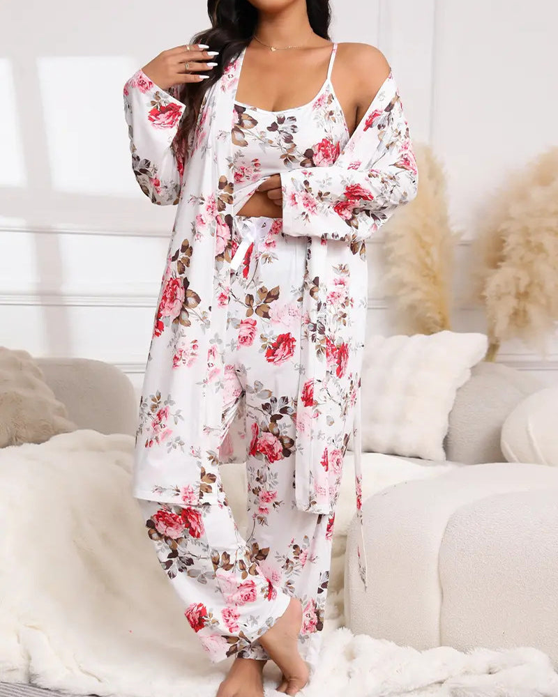 Ensemble pyjama confortable 3 pièces – peignoir, caraco et pantalon long💕