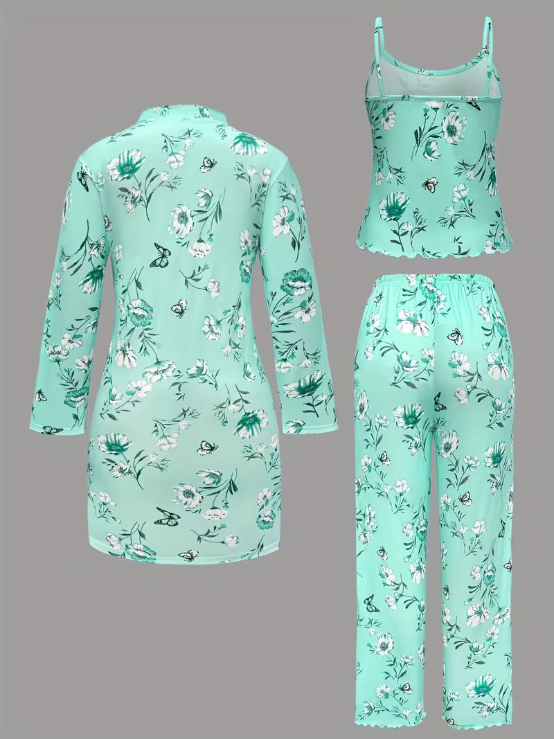 Ensemble pyjama confortable 3 pièces – peignoir, caraco et pantalon long💕