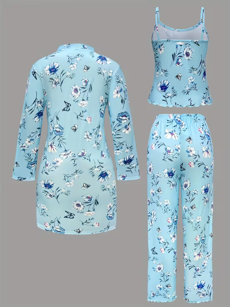 Ensemble pyjama confortable 3 pièces – peignoir, caraco et pantalon long💕