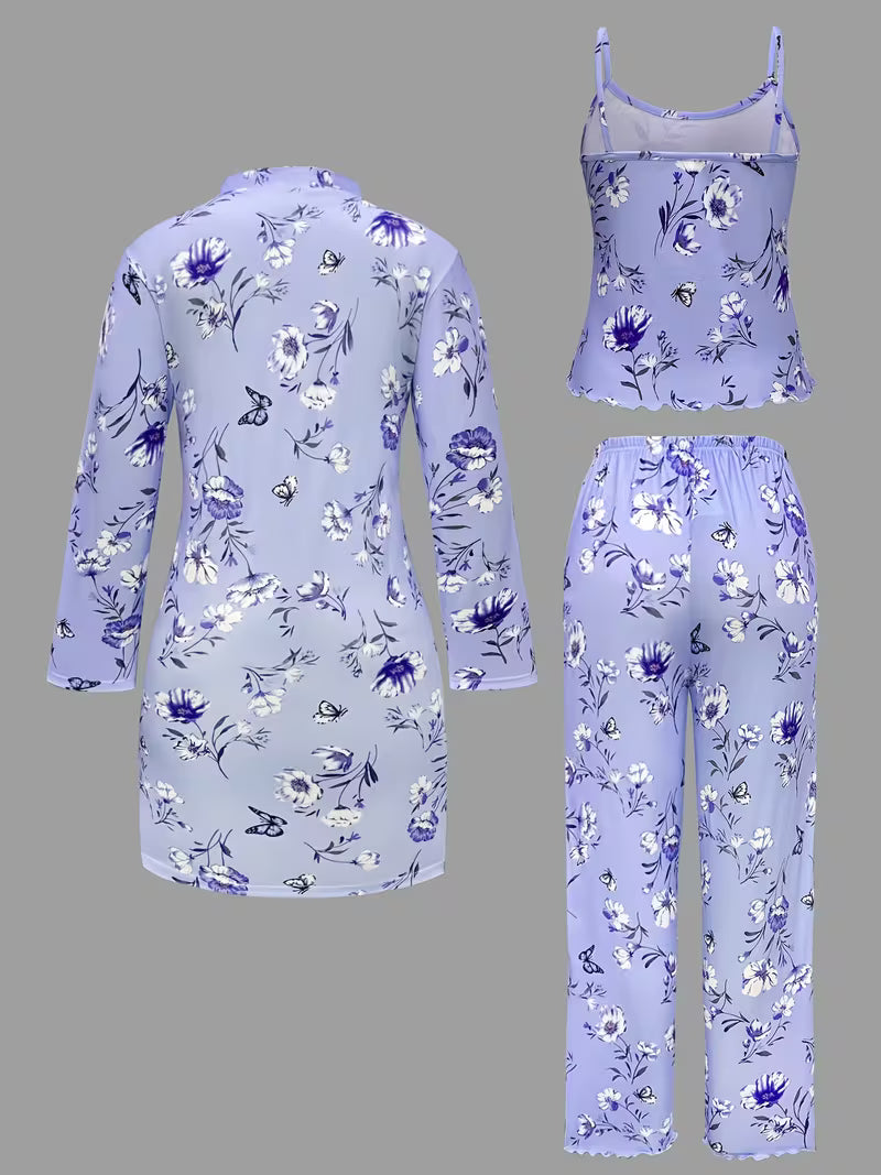 Ensemble pyjama confortable 3 pièces – peignoir, caraco et pantalon long💕