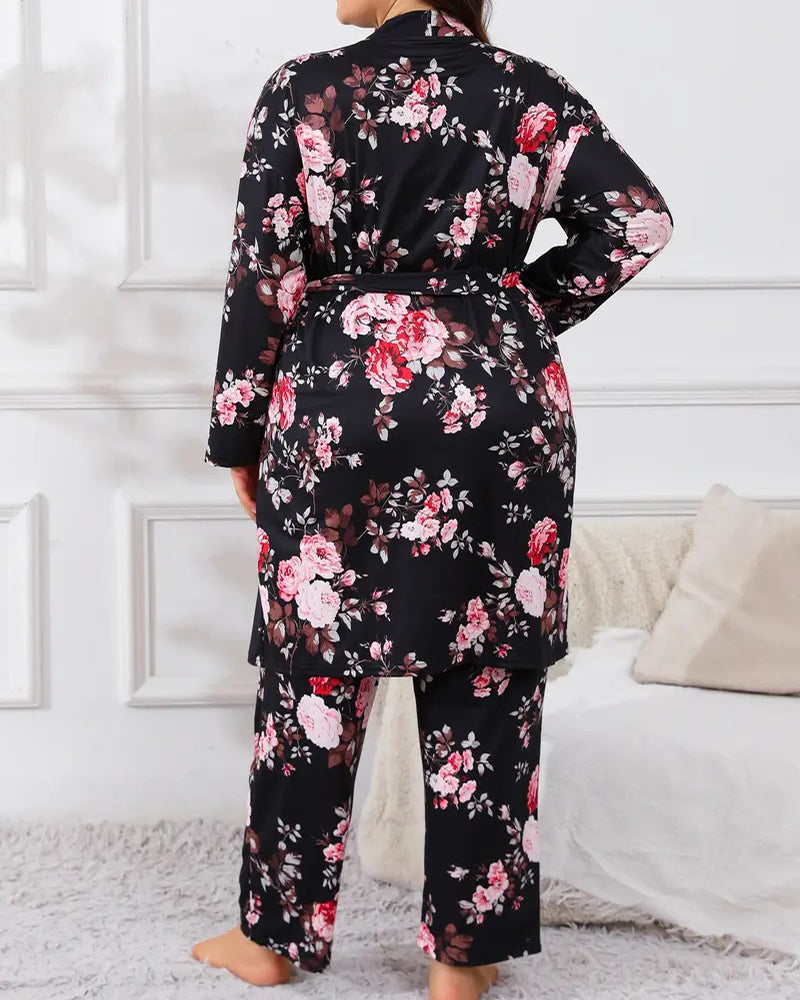 Ensemble pyjama confortable 3 pièces – peignoir, caraco et pantalon long💕