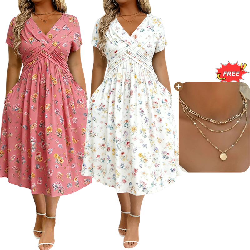 🌺👗Damenkleid mit V-Ausschnitt, Blumenmuster und gedrehter Taille