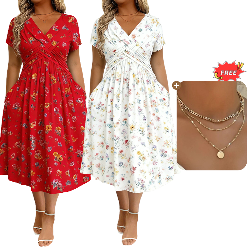 🌺👗Damenkleid mit V-Ausschnitt, Blumenmuster und gedrehter Taille