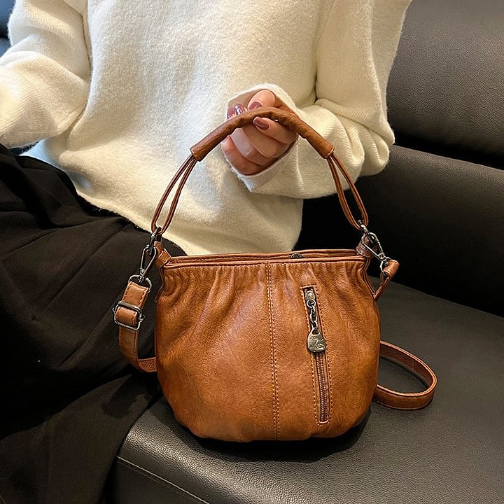 📣🎊Sac à main en cuir souple à seau plissé simple et décontracté à la mode
