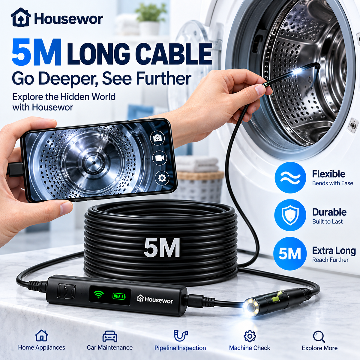 🔎 Caméra endoscopique « plug-and-play » – compatible avec Android, iPhone et iPad pour une connexion directe