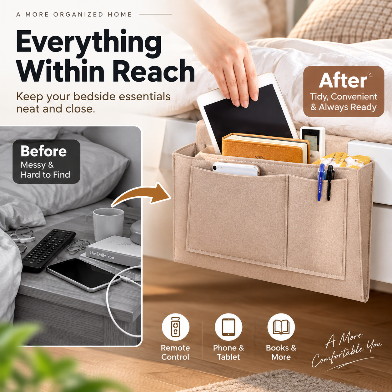 🛏️50 % DE RÉDUCTION MAINTENANT ! Sac de rangement suspendu pour chevet – Organisateur de lit multi-poches, pochette suspendue en feutre pour lit superposé, idéal pour ranger tablette, livre, téléphone et articles de papeterie.