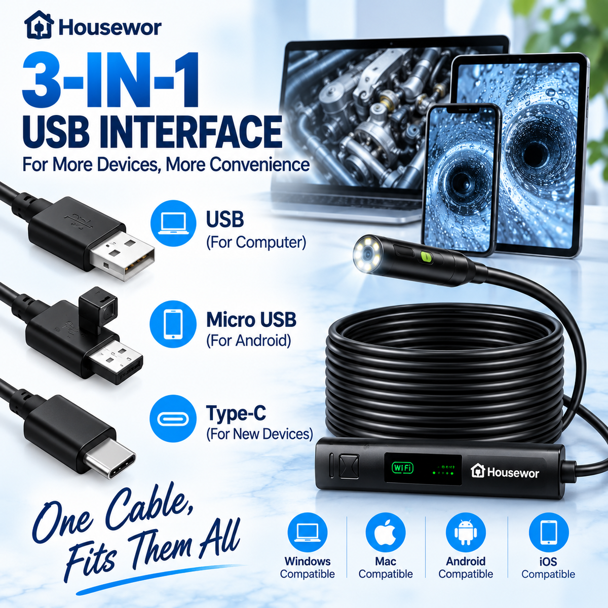 🔎 Caméra endoscopique « plug-and-play » – compatible avec Android, iPhone et iPad pour une connexion directe