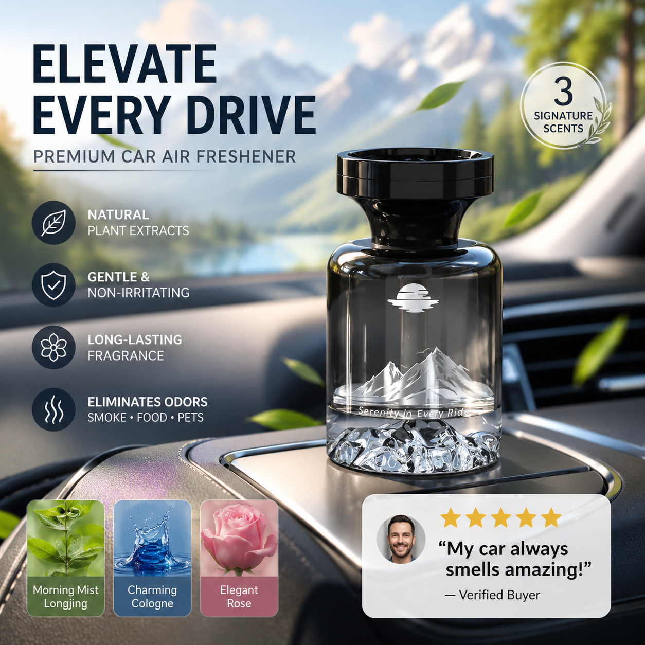 🥳SOLDES 2026🥳🌿 50 % DE RÉDUCTION !🚗 Désodorisant longue durée pour voiture, 110 ml – À base d'extraits naturels de plantes, élimine les odeurs de fumée et d'animaux. Des semaines de fraîcheur. Motif montagne. Respirez à pleins poumons ! 💨✨