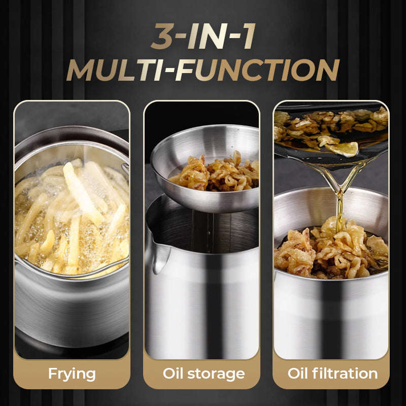 📢🍟✨ PROMO -50% ! Récipient Filtre à Huile en Acier Inox 304 – Grande Capacité, 3-en-1 & Bec Verseur (1,5L/2L, avec/sans Panier)