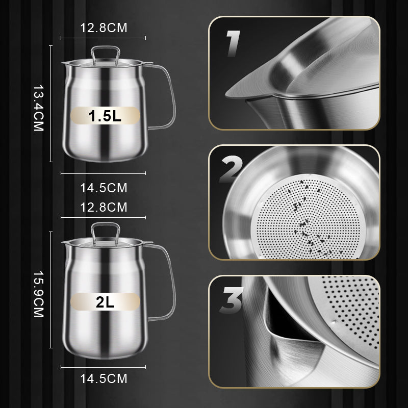 📢🍟✨ PROMO -50% ! Récipient Filtre à Huile en Acier Inox 304 – Grande Capacité, 3-en-1 & Bec Verseur (1,5L/2L, avec/sans Panier)