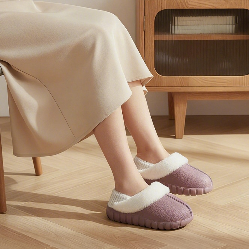 Chaussons en coton doublés de peluche avec talon recouvert -🥰La doublure est amovible et lavable en machine !