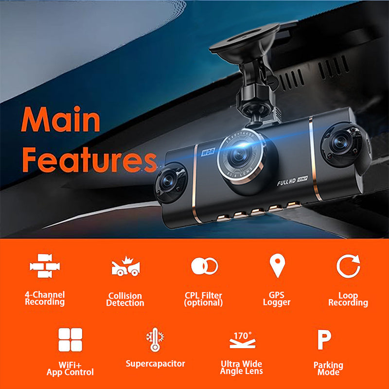 📢📢50% de réduction ! Caméra Embarquée 4 en 1 Ultra HD – Enregistrement Avant/Intérieur/Arrière + WiFi & GPS 🚗🎥