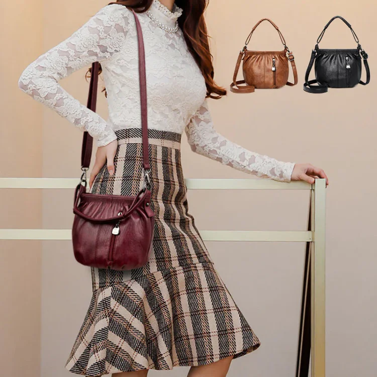 📣🎊Sac à main en cuir souple à seau plissé simple et décontracté à la mode