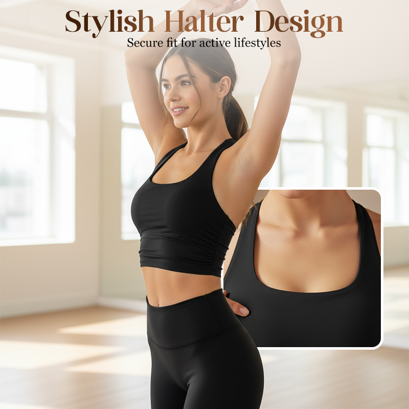 Débardeur de sport uni pour femme avec coussinets amovibles, haut de sport à col licou confortable et résistant pour le yoga, la gym et l’entraînement, tenue de sport pour femme adaptée à toutes les saisons