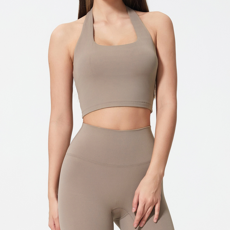 Débardeur de sport uni pour femme avec coussinets amovibles, haut de sport à col licou confortable et résistant pour le yoga, la gym et l’entraînement, tenue de sport pour femme adaptée à toutes les saisons