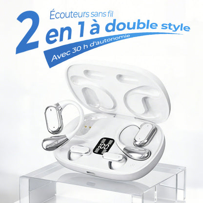Écouteurs sans fil 2 en 1 à double style avec 30 h d'autonomie