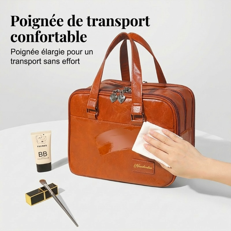 Trousse de maquillage en cuir PU à 3 compartiments de grande capacité