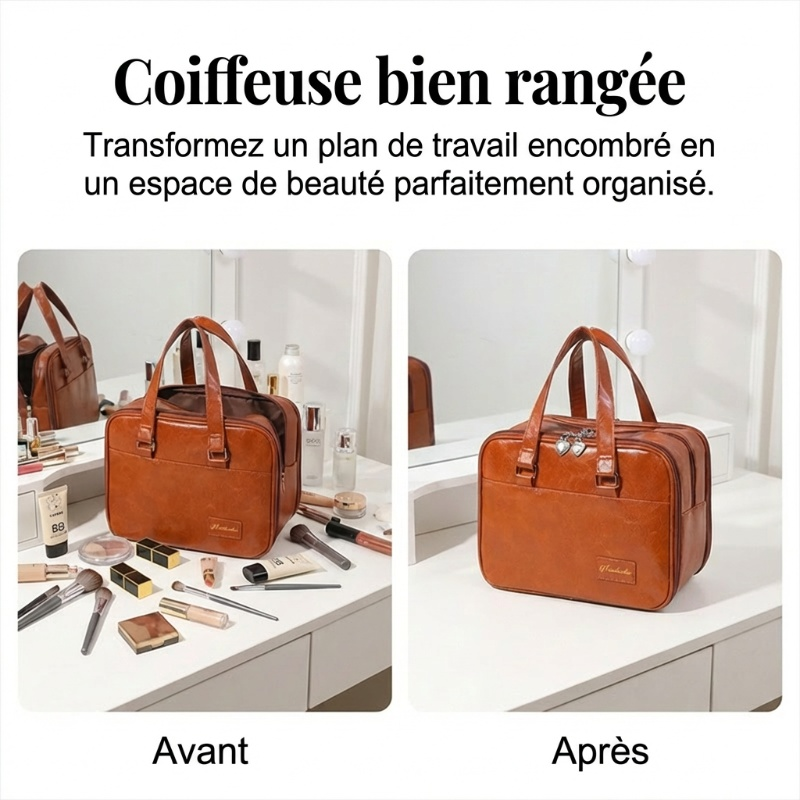 Trousse de maquillage en cuir PU à 3 compartiments de grande capacité