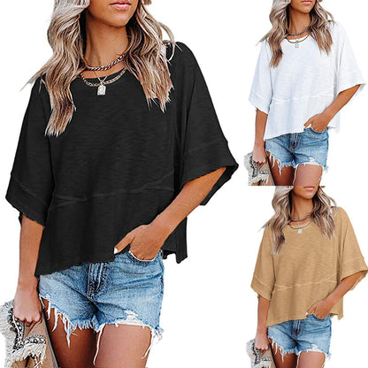 🌸 PROMO LIMITÉE 50% DE RÉDUCTION ! 👕 T-shirt à Manches Évasées Cinq Points – Coupe Détendue, Patchwork, Uni 🍂