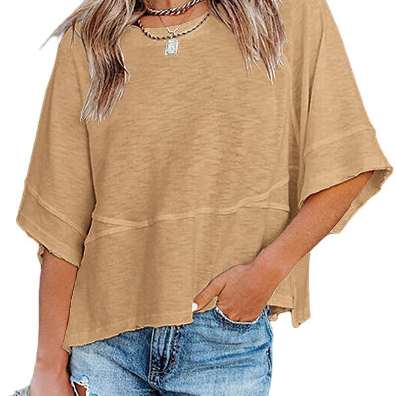 🌸 PROMO LIMITÉE 50% DE RÉDUCTION ! 👕 T-shirt à Manches Évasées Cinq Points – Coupe Détendue, Patchwork, Uni 🍂