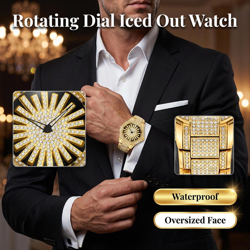 ⌚🔥Montre Homme Cadran Rotatif Serti de Diamants