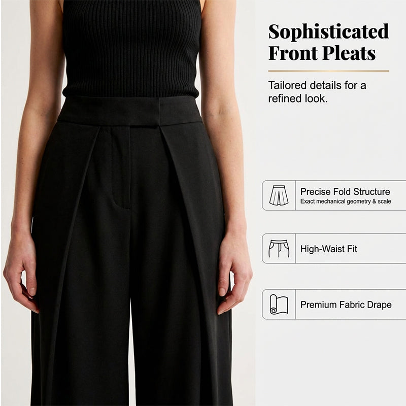 Pantalon large à taille haute et plissé pour femme
