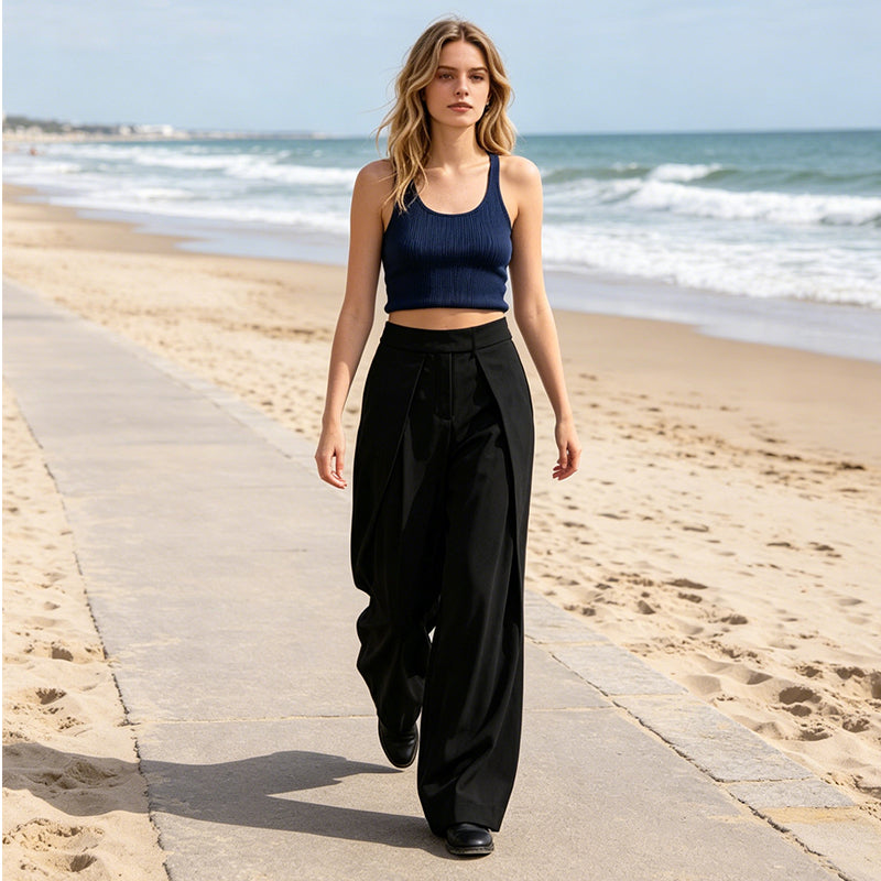 Pantalon large à taille haute et plissé pour femme