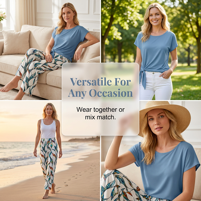 ⏰✨ PROMO FLASH 50% ! Ensemble Femme 2 Pièces – Haut à Nouer Côté & Pantalon Motif Botanique, Tissu Doux & Respirant, Style Chic Décontracté pour Maison & Sorties 🌿