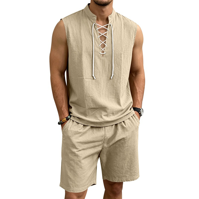 👕☀️ PROMO FLASH 50% ! Ensemble Homme en Lin – Haut sans Manches Lacé & Short, Tissu Respirant Naturel, 7 Couleurs, Style Bohème Chic & Vacances ✨
