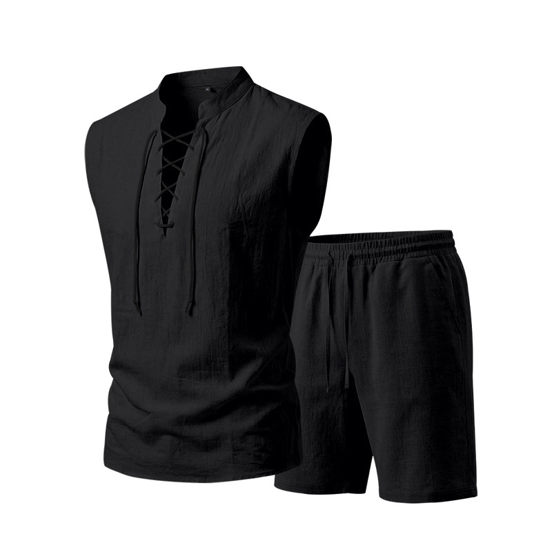 👕☀️ PROMO FLASH 50% ! Ensemble Homme en Lin – Haut sans Manches Lacé & Short, Tissu Respirant Naturel, 7 Couleurs, Style Bohème Chic & Vacances ✨