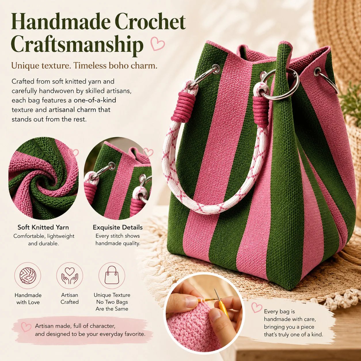 🏆🌴 VENTE LIMITÉE -50% ! Sac Bandoulière Bohème Tricoté à Rayures – Tissé à la Main, Été/Plage, 8+ Couleurs, 17×16×23 cm